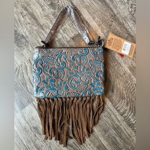 Justin Convertible Bag Wristlet Brown Blue Embossed Leather Fringe Western NWT‎